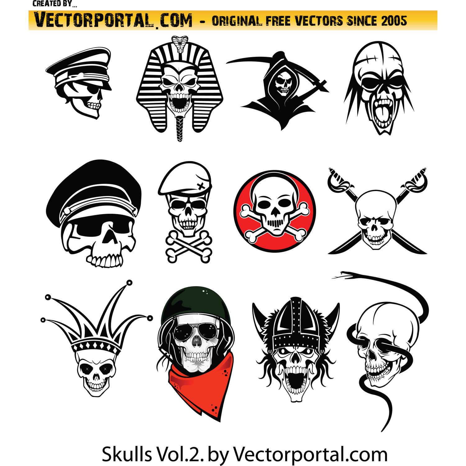 Download Vector for free use: Free vector skulls pack